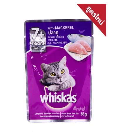 Whiskas วิสกัส เพาซ์ อาหารแมว 7+ อาหารเปียกแบบซองสำหรับแมวแก่ รสปลาทู / 12 ซอง